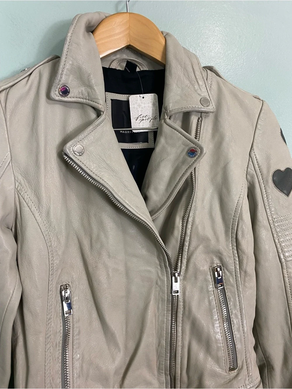 Free People‎ Mauritius Leather Reo Heart Moto Jacket Ivory Size 4